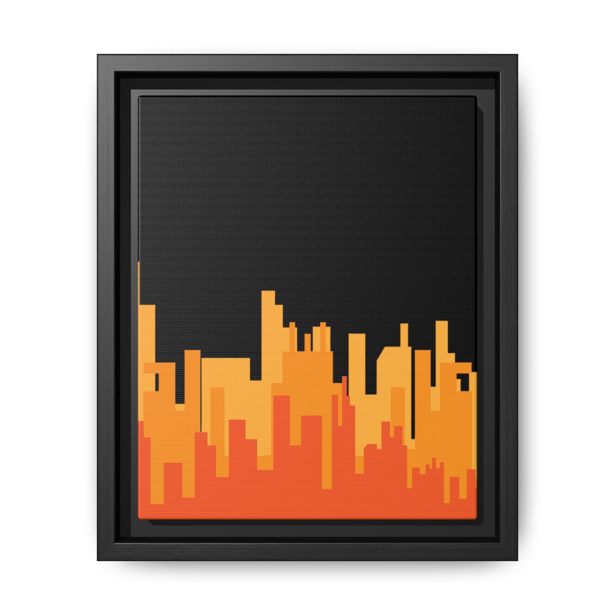 City Skyline Matte Canvas Print — Modern Pixelated Orange Urban Art (Framed)