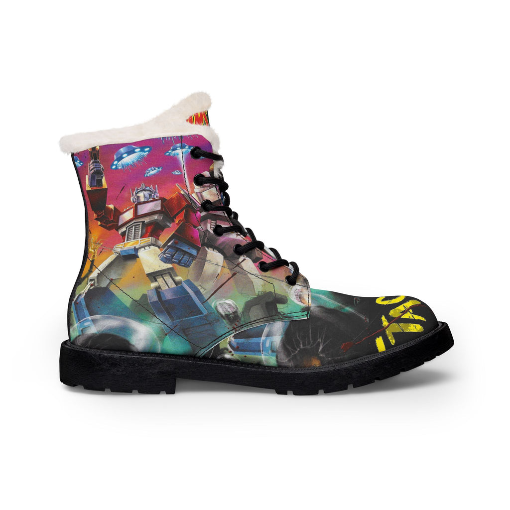 Women Fur-Lined Leather Boots — Fiery Mars Attack Transformers Comic Print
