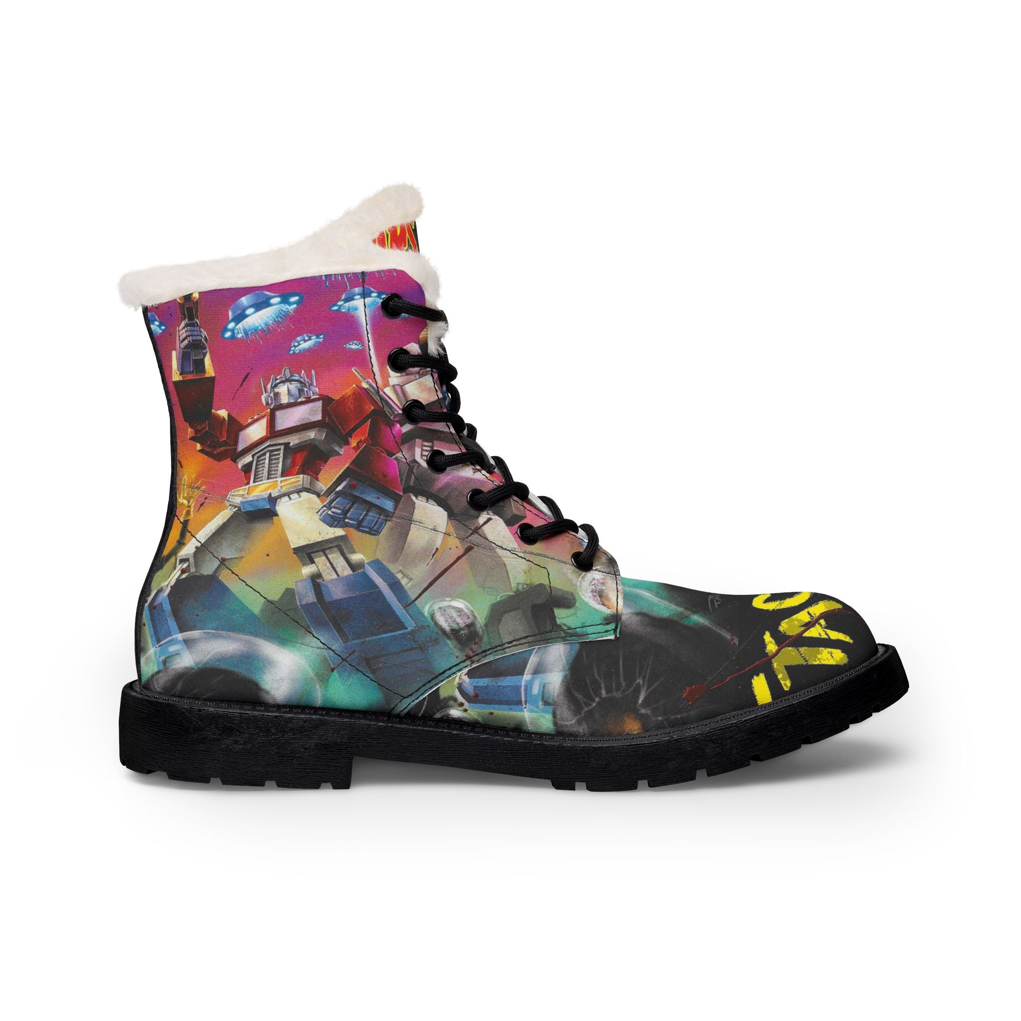Women Fur-Lined Leather Boots — Fiery Mars Attack Transformers Comic Print