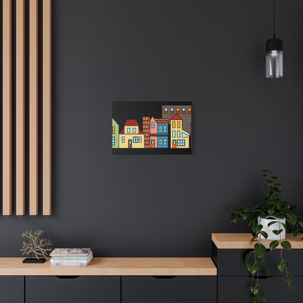 Colorful Row Houses Satin Canvas Wall Art — Stretched Cityscape Print