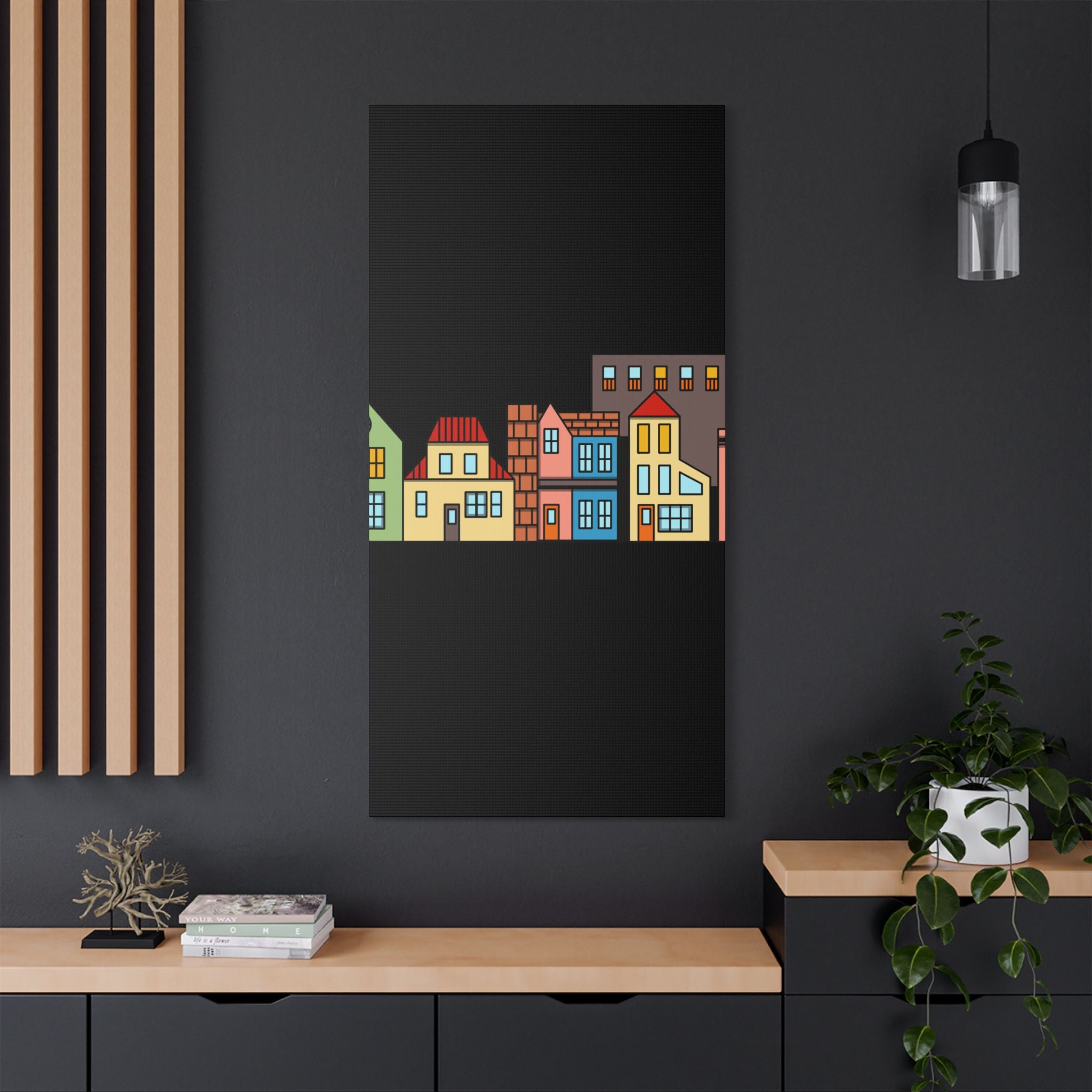 Colorful Row Houses Satin Canvas Wall Art — Stretched Cityscape Print