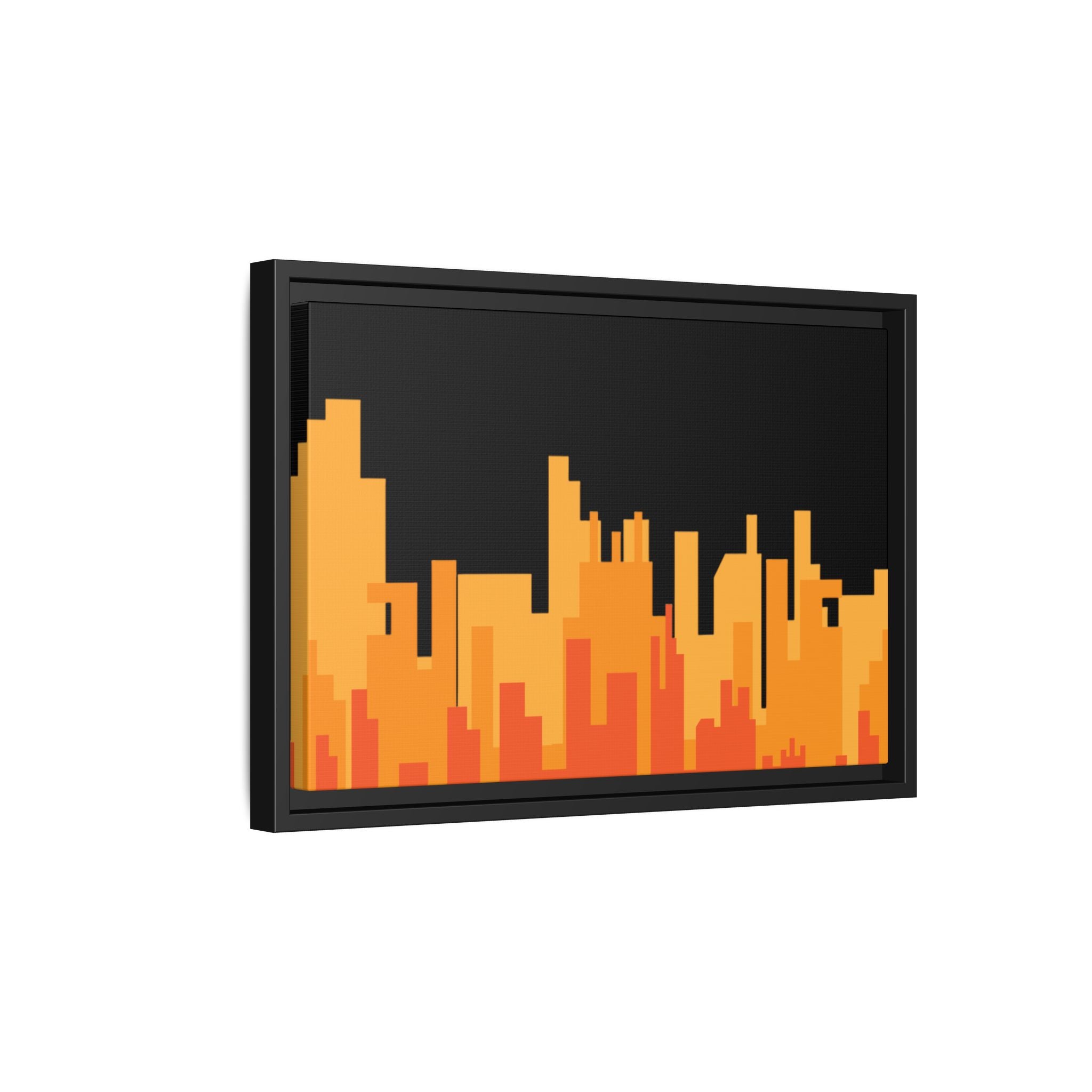 City Skyline Matte Canvas Print — Modern Pixelated Orange Urban Art (Framed)