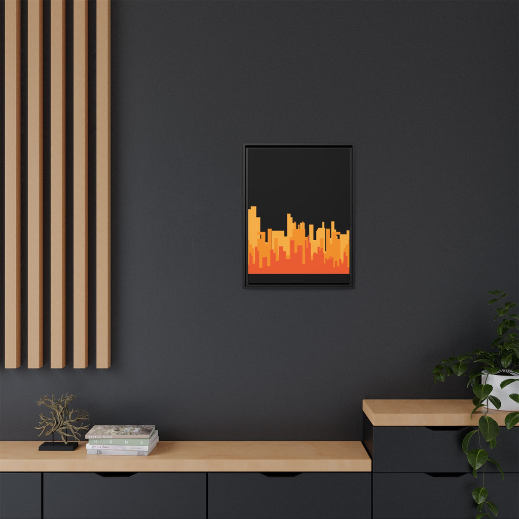City Skyline Matte Canvas Print — Modern Pixelated Orange Urban Art (Framed)