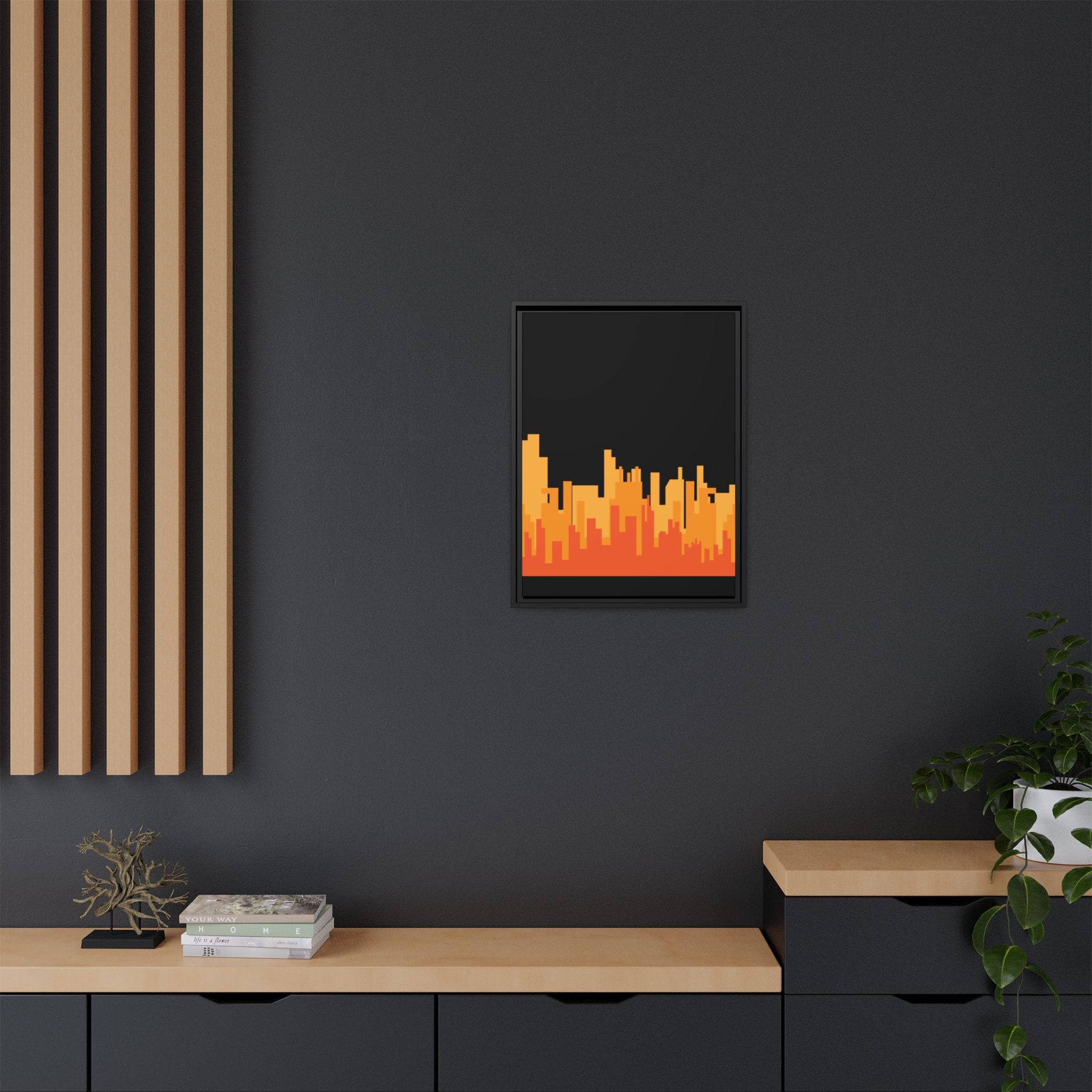 City Skyline Matte Canvas Print — Modern Pixelated Orange Urban Art (Framed)