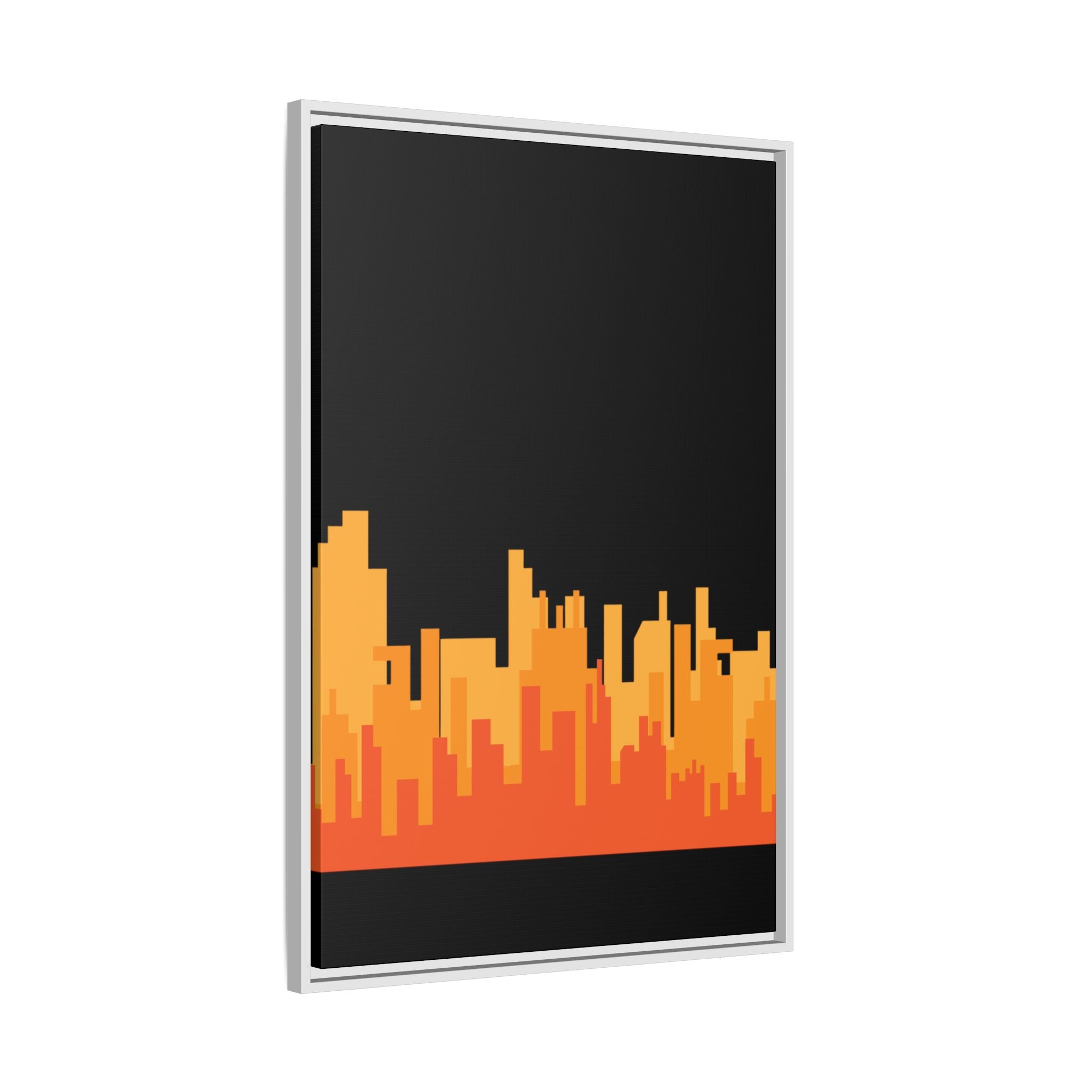 City Skyline Matte Canvas Print — Modern Pixelated Orange Urban Art (Framed)