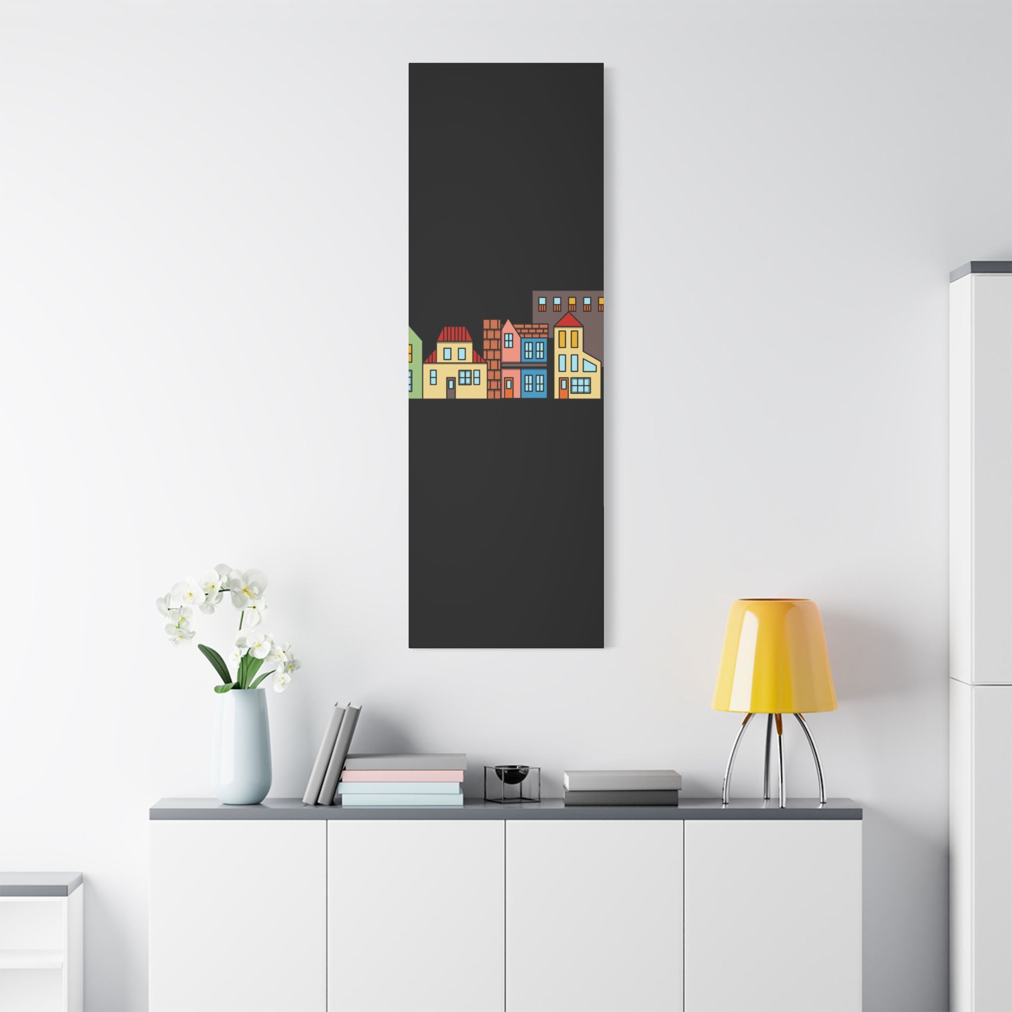 Colorful Row Houses Satin Canvas Wall Art — Stretched Cityscape Print