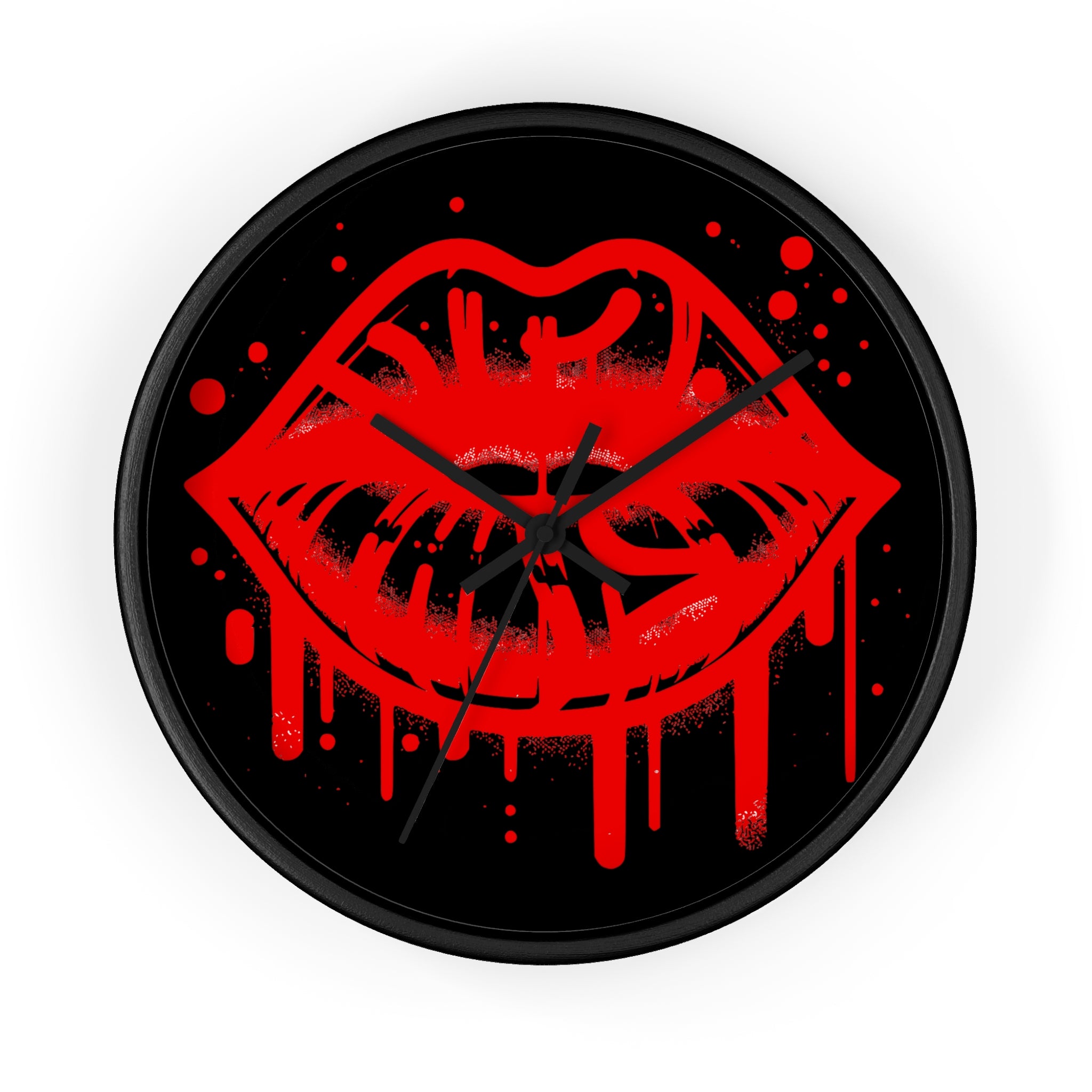 Red Graffiti Kiss Wall Clock on Black— Bold Drip Lip Art Clock