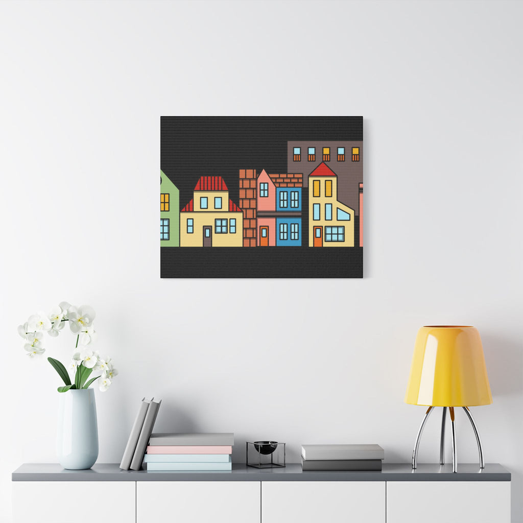 Colorful Row Houses Satin Canvas Wall Art — Stretched Cityscape Print