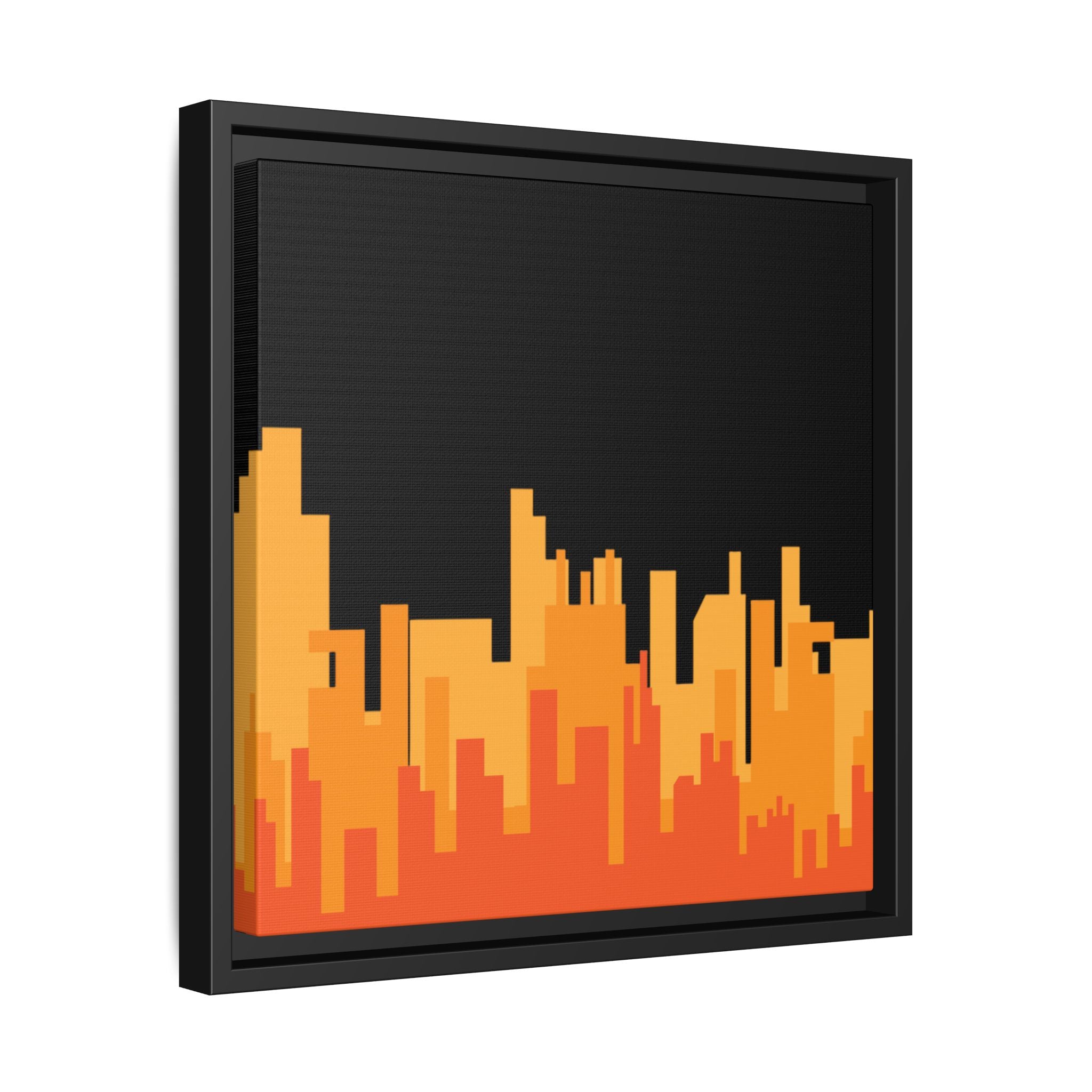 City Skyline Matte Canvas Print — Modern Pixelated Orange Urban Art (Framed)