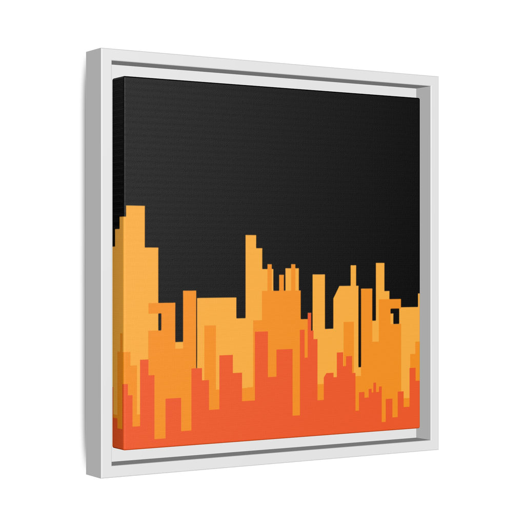 City Skyline Matte Canvas Print — Modern Pixelated Orange Urban Art (Framed)