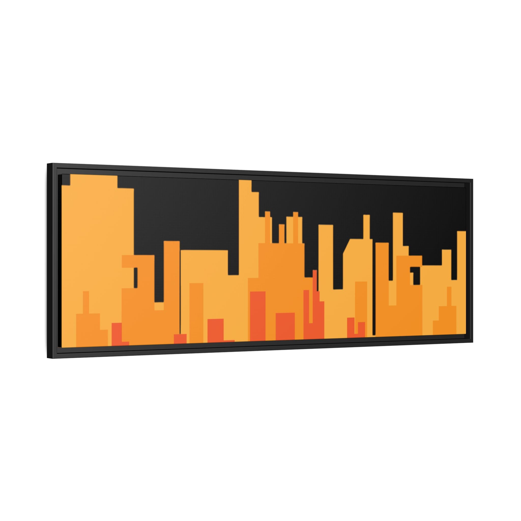 City Skyline Matte Canvas Print — Modern Pixelated Orange Urban Art (Framed)