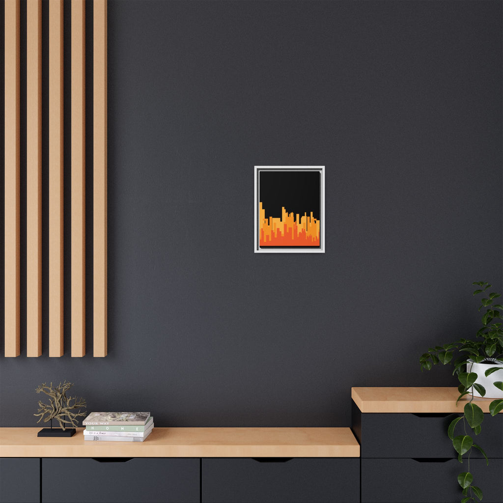 City Skyline Matte Canvas Print — Modern Pixelated Orange Urban Art (Framed)