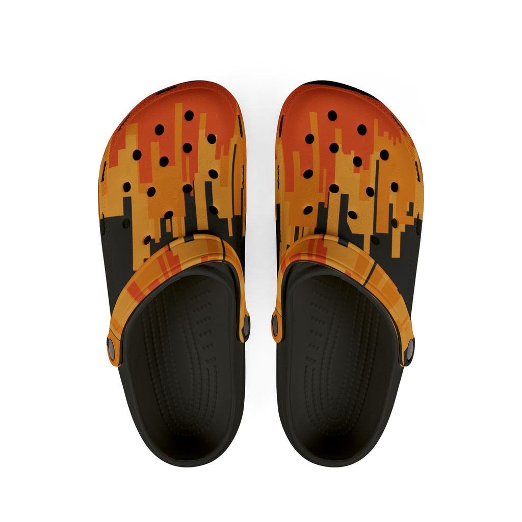 Vibrant Orange City Scape on Black Slide-On EVA Foam Shoes