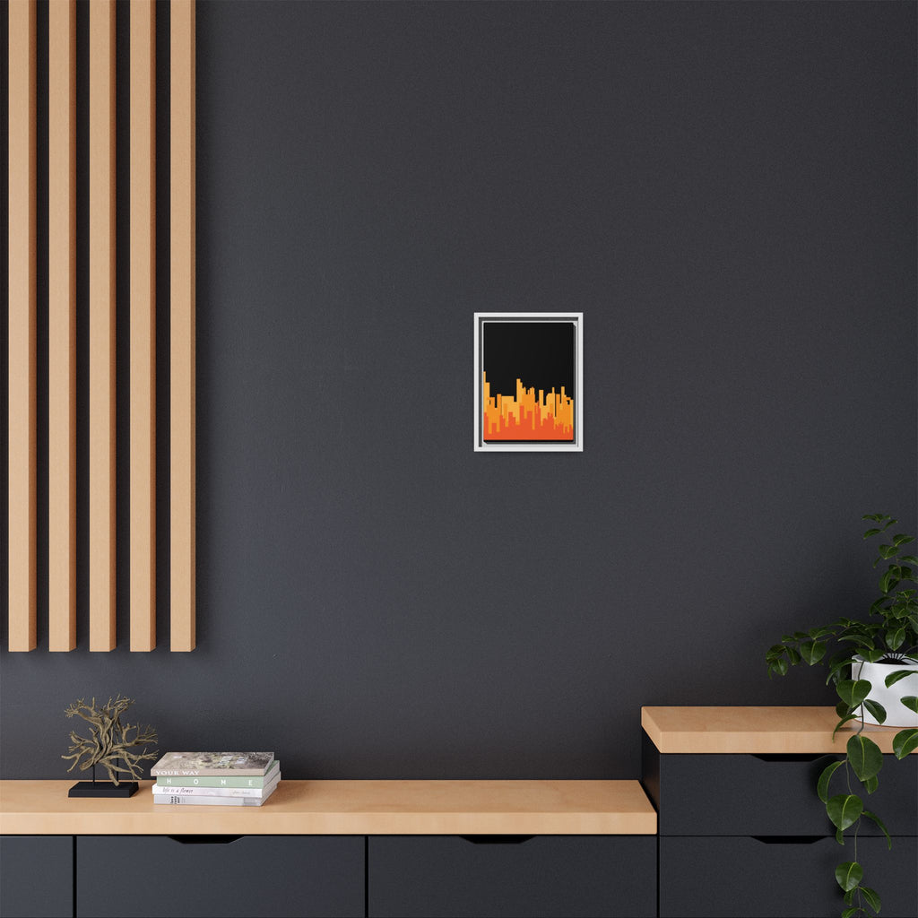 City Skyline Matte Canvas Print — Modern Pixelated Orange Urban Art (Framed)