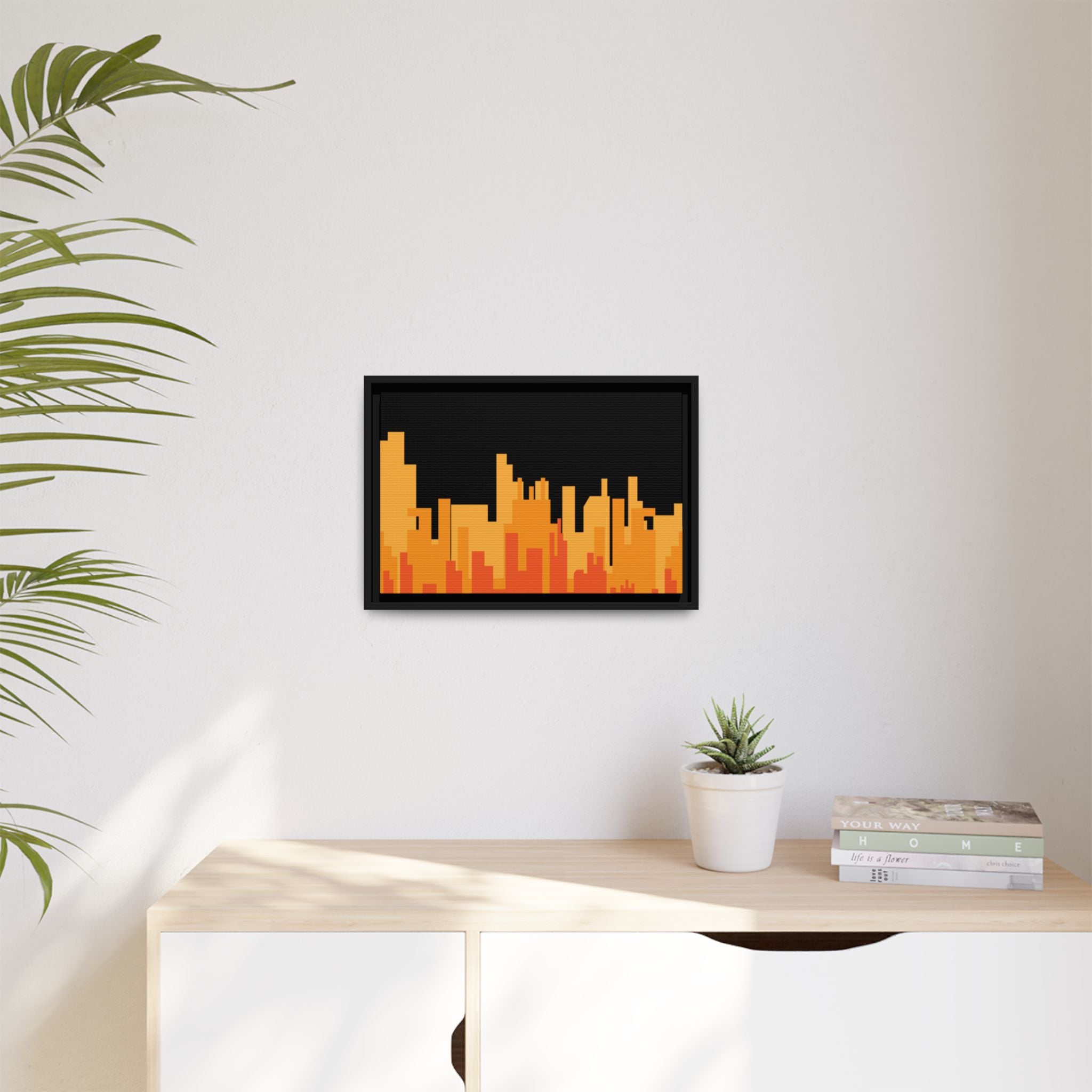 City Skyline Matte Canvas Print — Modern Pixelated Orange Urban Art (Framed)