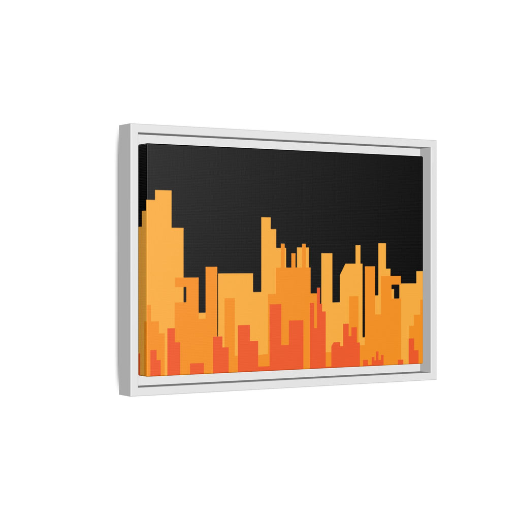 City Skyline Matte Canvas Print — Modern Pixelated Orange Urban Art (Framed)