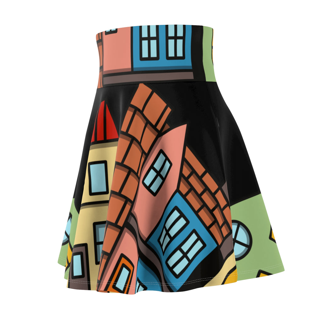 Black Whimsical House Print Skater Skirt, Playful Fashion, Casual Wear, Summer Style, Unique Gift, Trendy Outfit