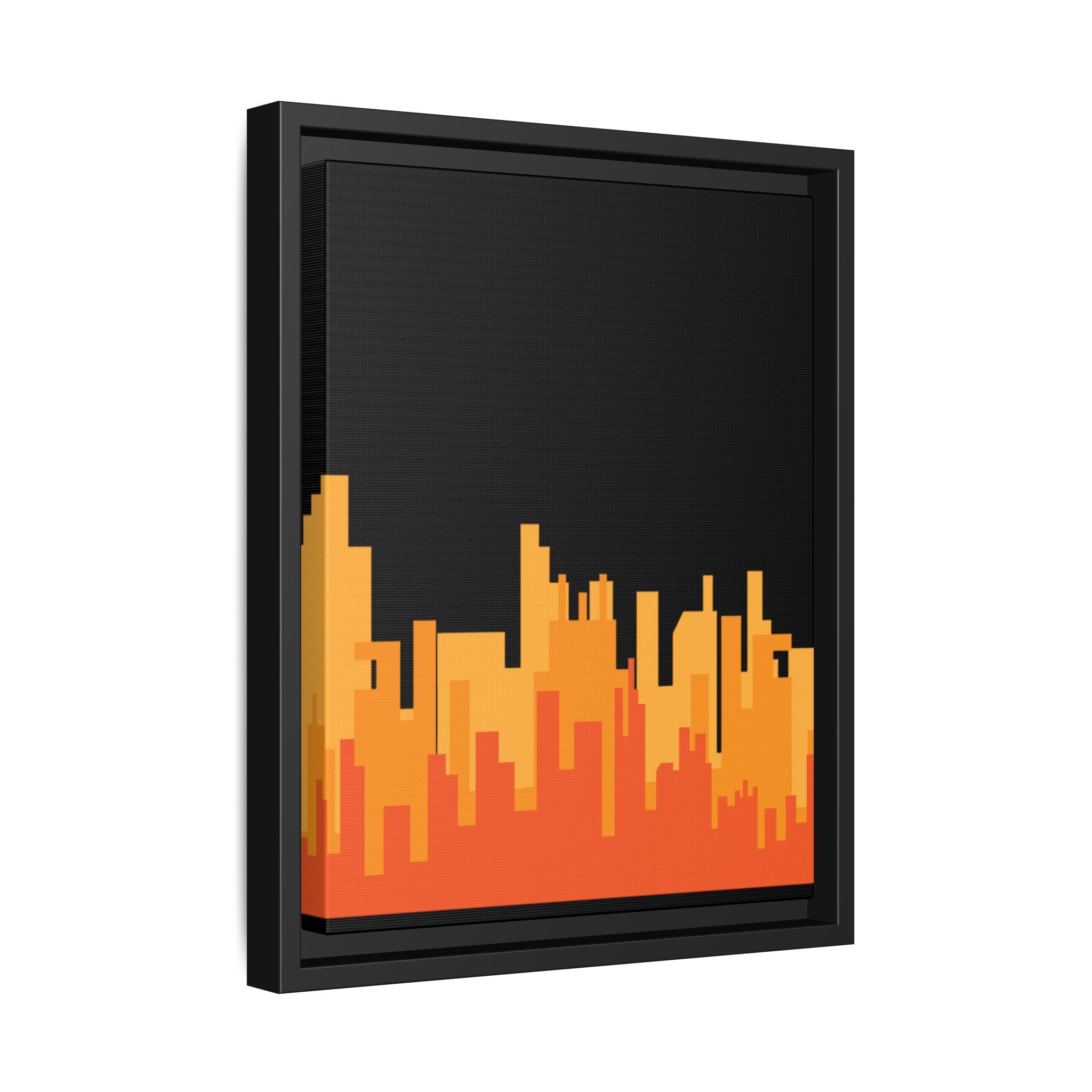City Skyline Matte Canvas Print — Modern Pixelated Orange Urban Art (Framed)