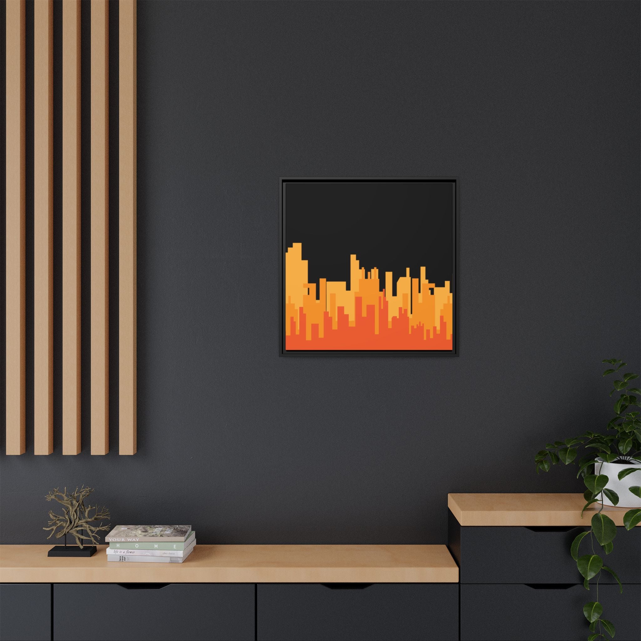City Skyline Matte Canvas Print — Modern Pixelated Orange Urban Art (Framed)