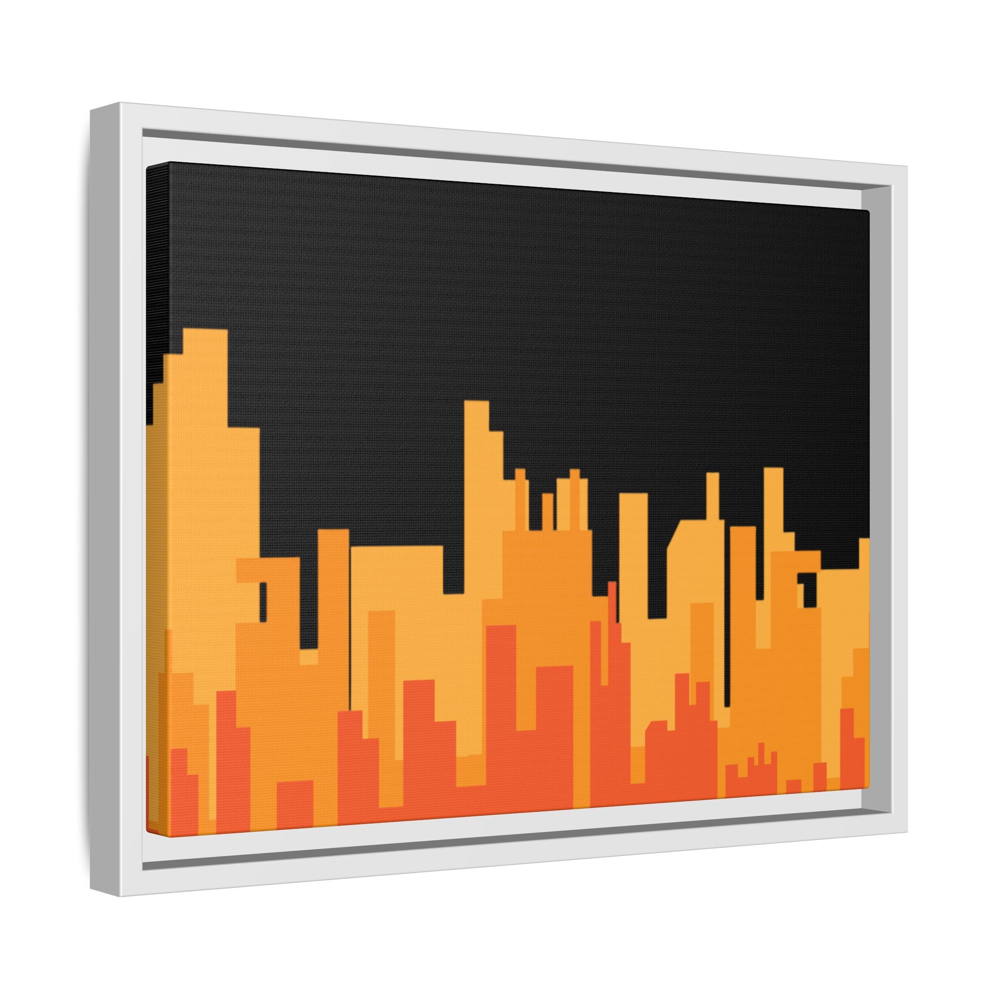 City Skyline Matte Canvas Print — Modern Pixelated Orange Urban Art (Framed)
