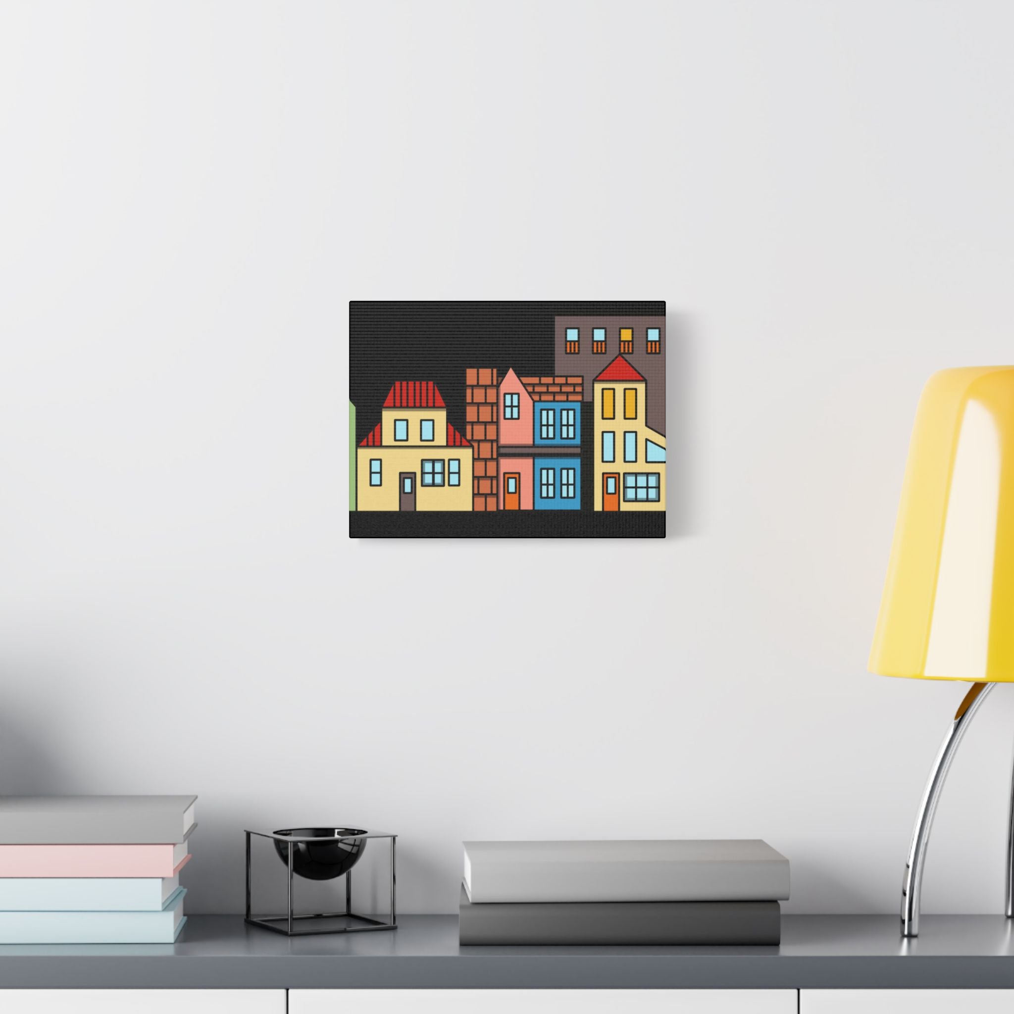 Colorful Row Houses Satin Canvas Wall Art — Stretched Cityscape Print