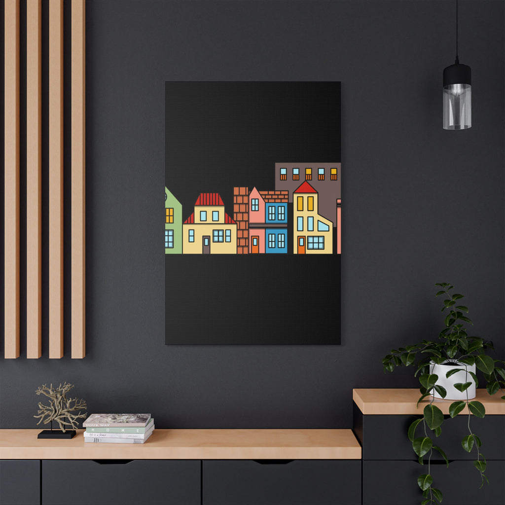 Colorful Row Houses Satin Canvas Wall Art — Stretched Cityscape Print