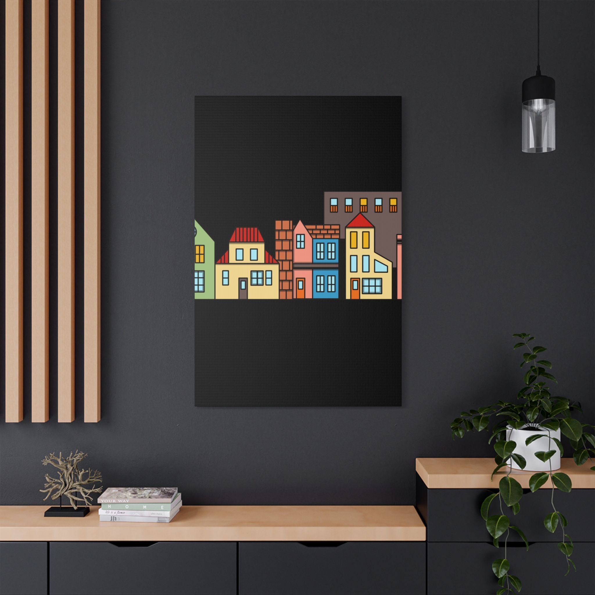 Colorful Row Houses Satin Canvas Wall Art — Stretched Cityscape Print