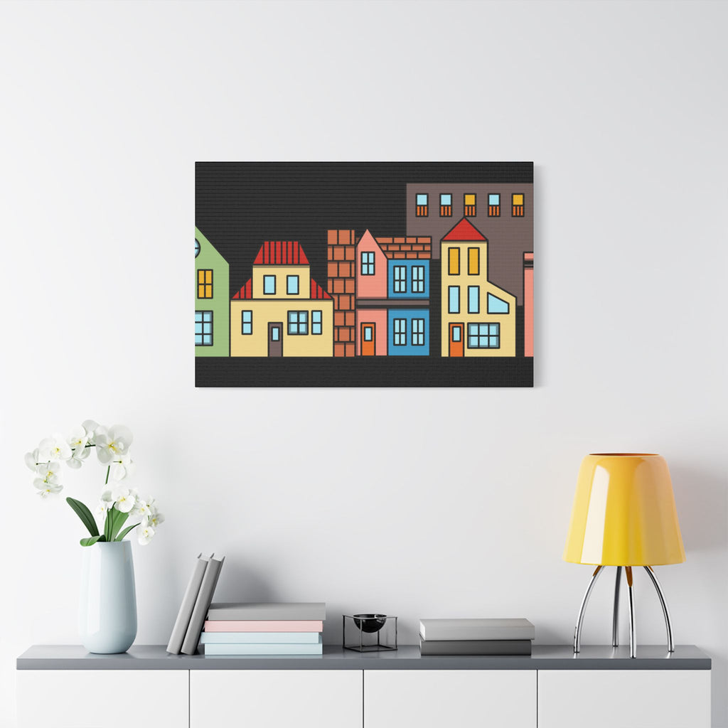 Colorful Row Houses Satin Canvas Wall Art — Stretched Cityscape Print