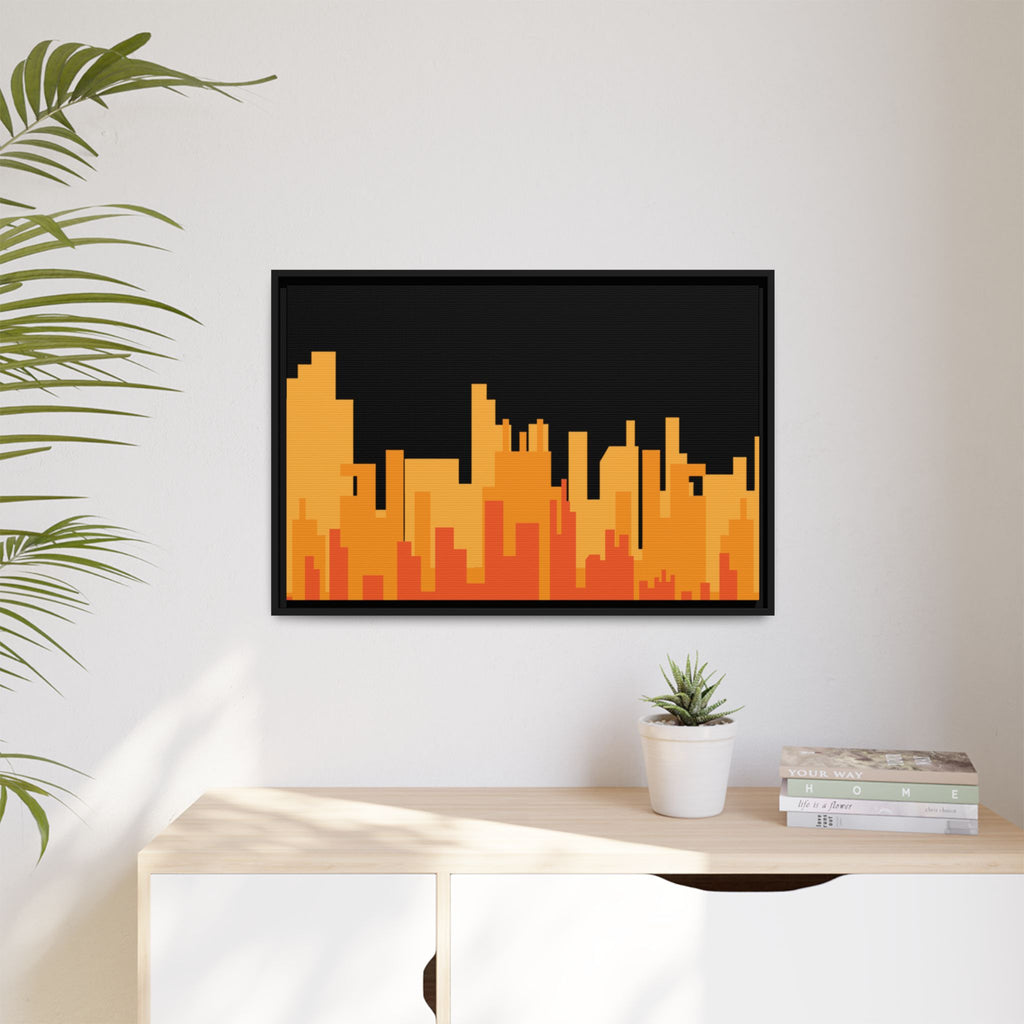 City Skyline Matte Canvas Print — Modern Pixelated Orange Urban Art (Framed)