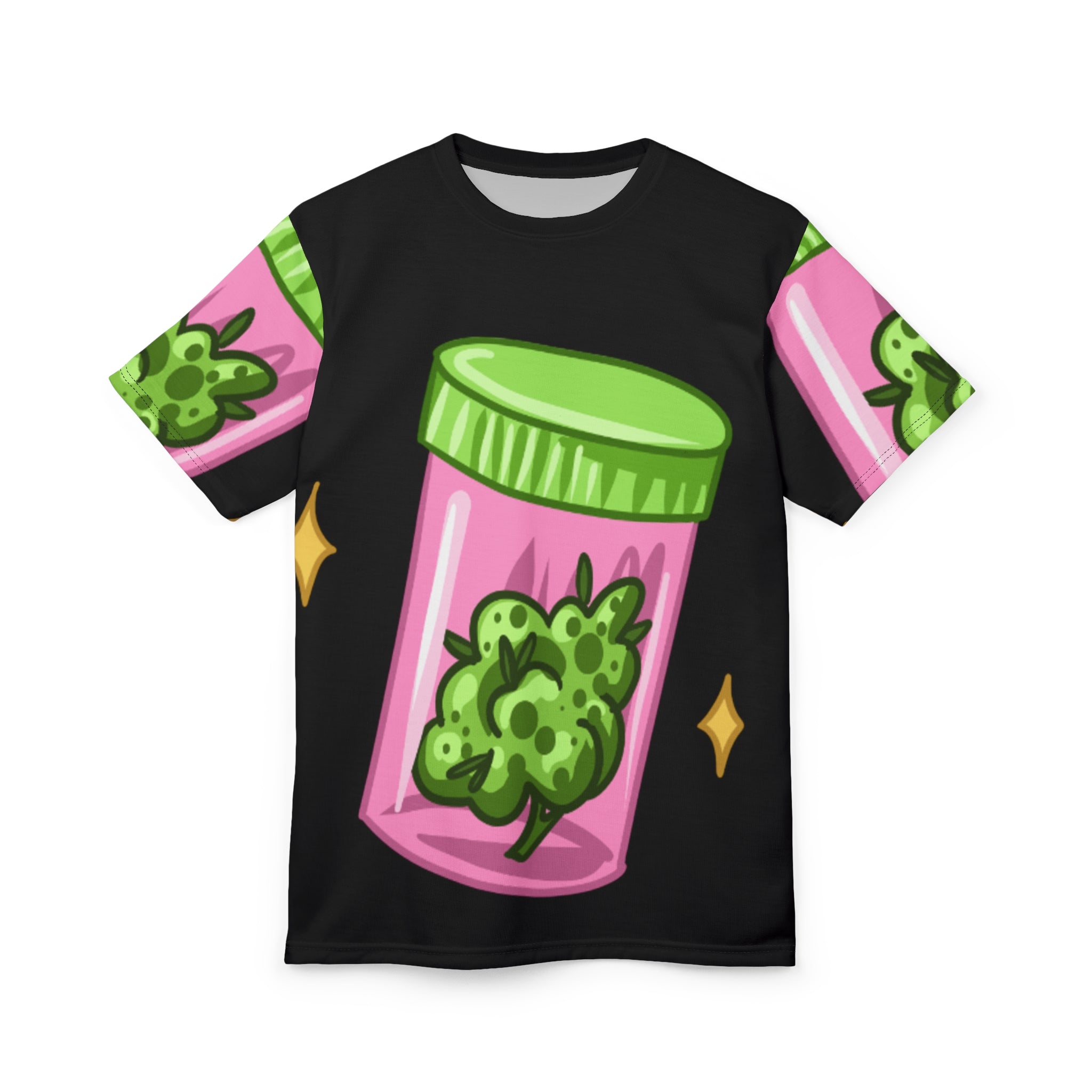 Black T-Shirt with Cartoon Cannabis Pink Smoke Shop 3.5 Grams