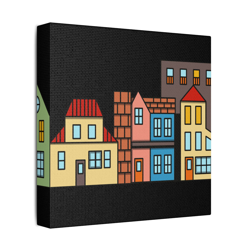Colorful Row Houses Satin Canvas Wall Art — Stretched Cityscape Print