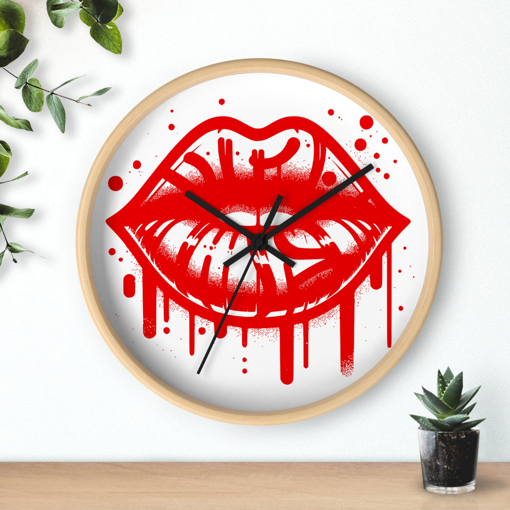 Red Graffiti Kiss Wall Clock on White — Bold Drip Lip Art Clock
