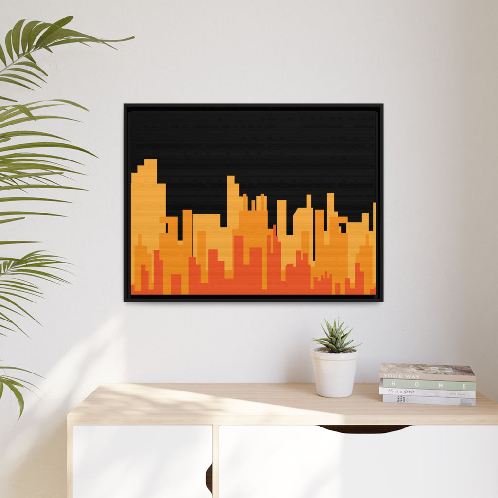 City Skyline Matte Canvas Print — Modern Pixelated Orange Urban Art (Framed)