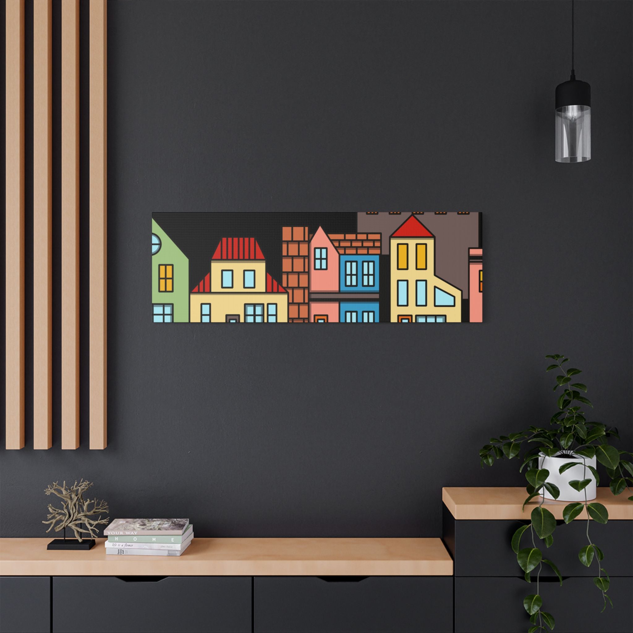 Colorful Row Houses Satin Canvas Wall Art — Stretched Cityscape Print