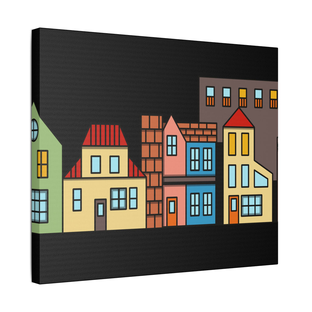 Colorful Row Houses Satin Canvas Wall Art — Stretched Cityscape Print