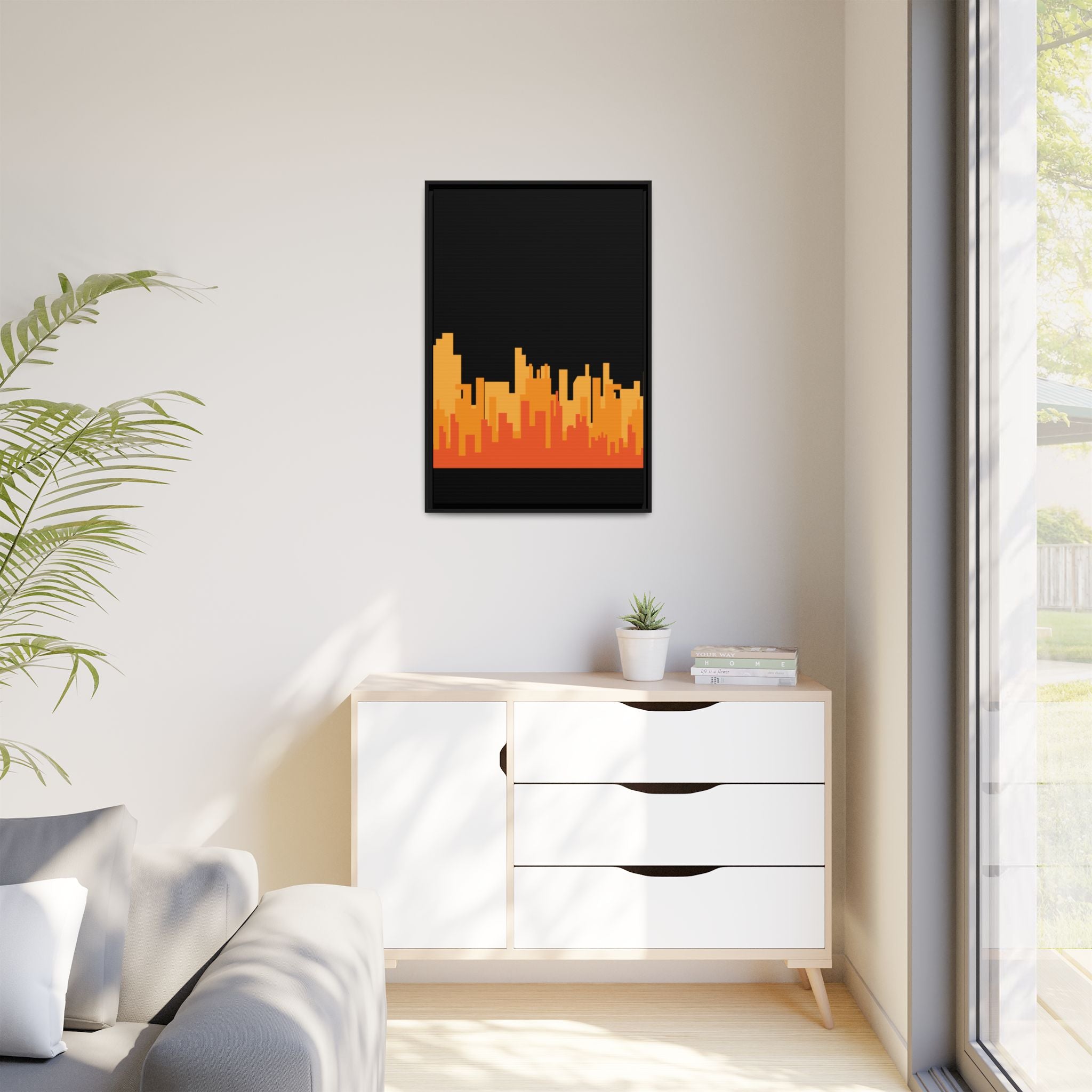 City Skyline Matte Canvas Print — Modern Pixelated Orange Urban Art (Framed)