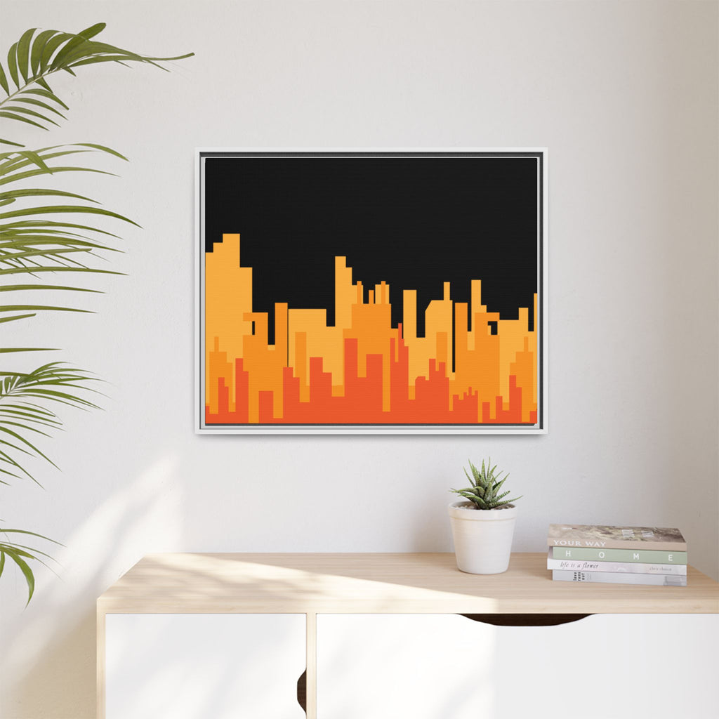 City Skyline Matte Canvas Print — Modern Pixelated Orange Urban Art (Framed)