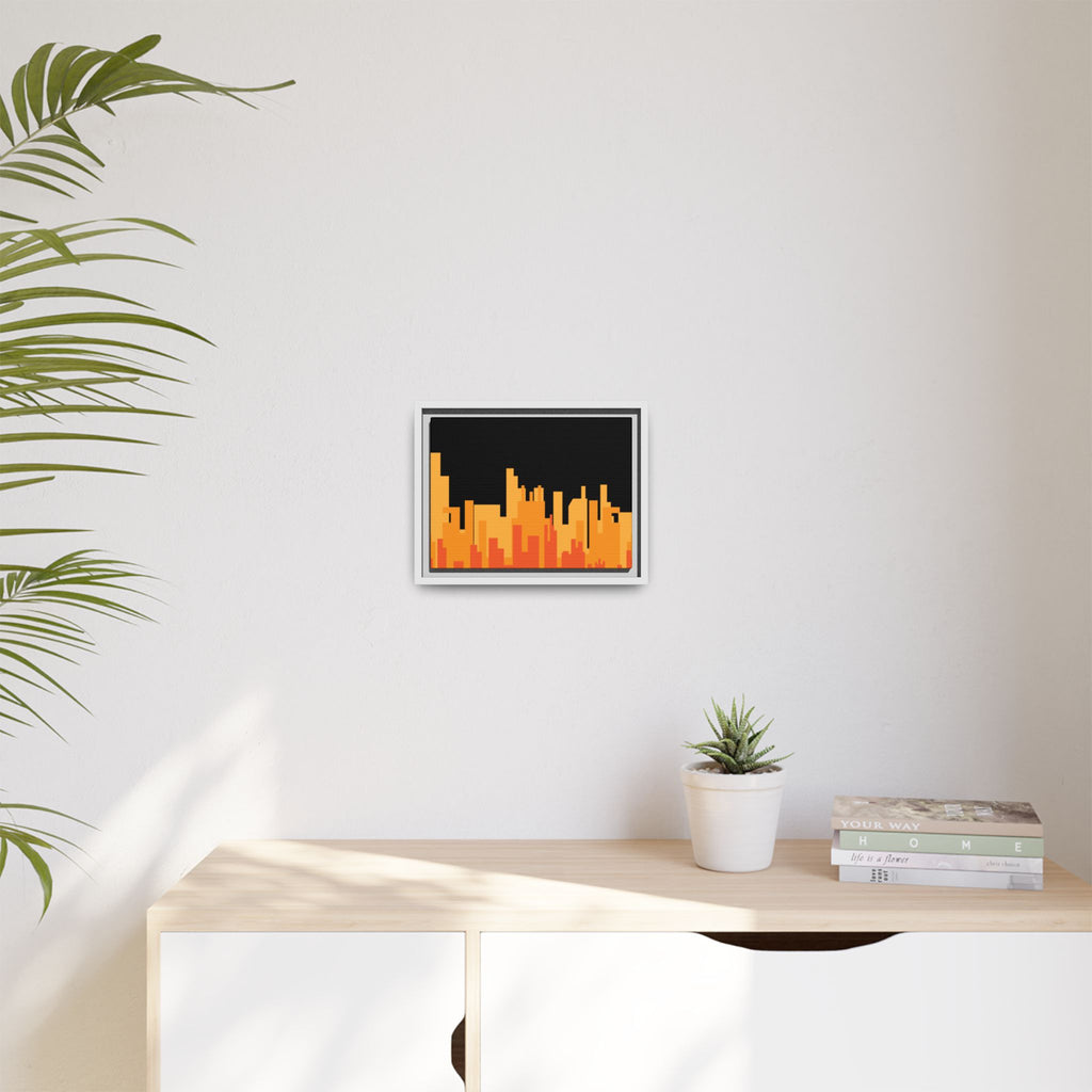 City Skyline Matte Canvas Print — Modern Pixelated Orange Urban Art (Framed)