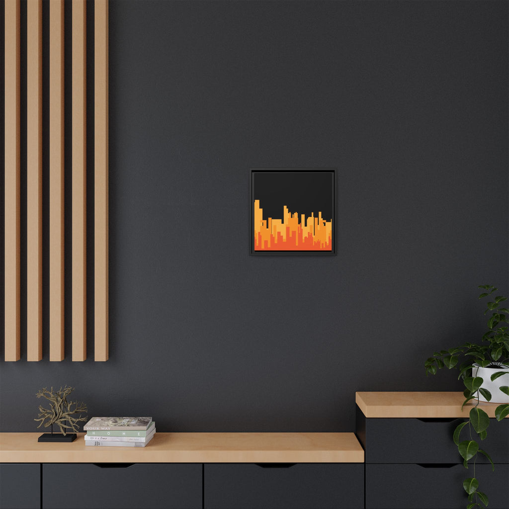 City Skyline Matte Canvas Print — Modern Pixelated Orange Urban Art (Framed)