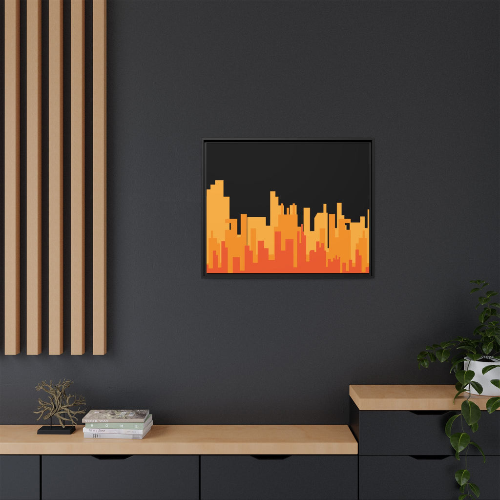 City Skyline Matte Canvas Print — Modern Pixelated Orange Urban Art (Framed)