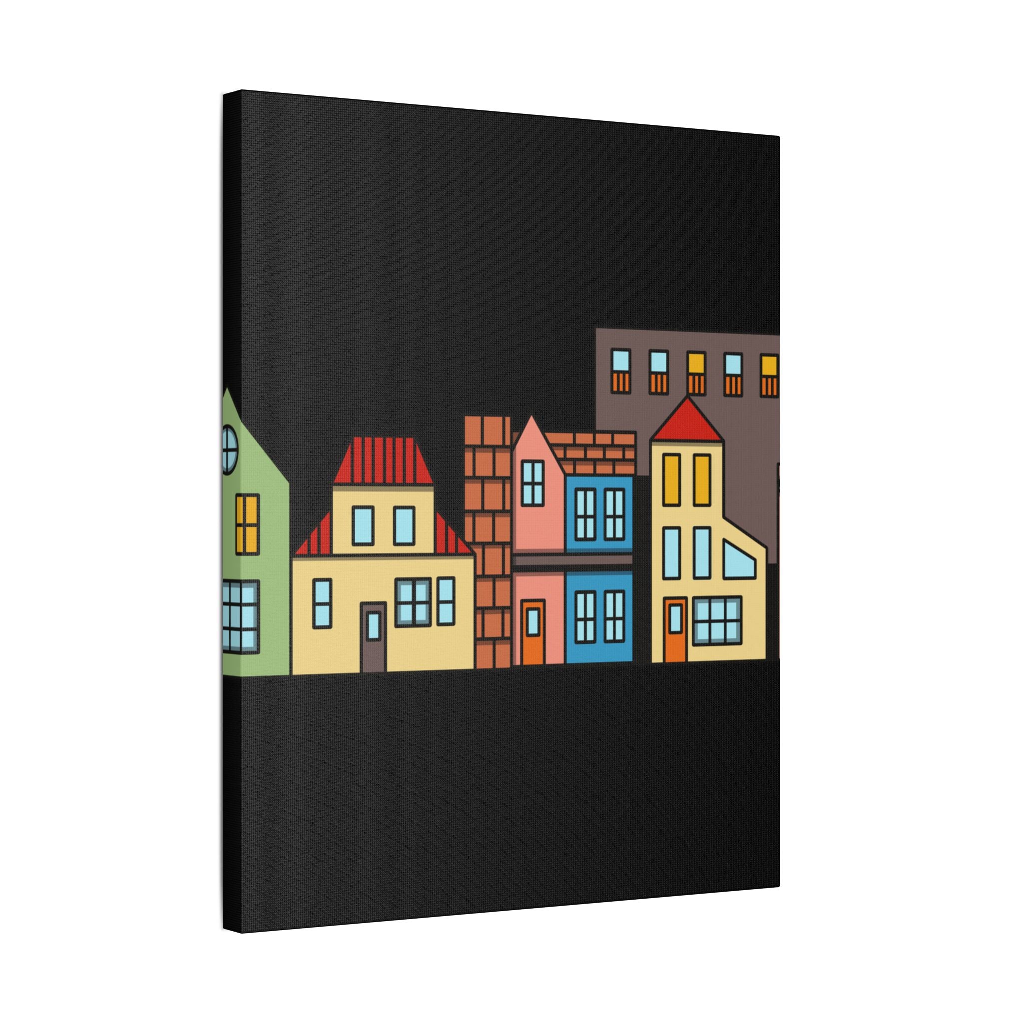 Colorful Row Houses Satin Canvas Wall Art — Stretched Cityscape Print