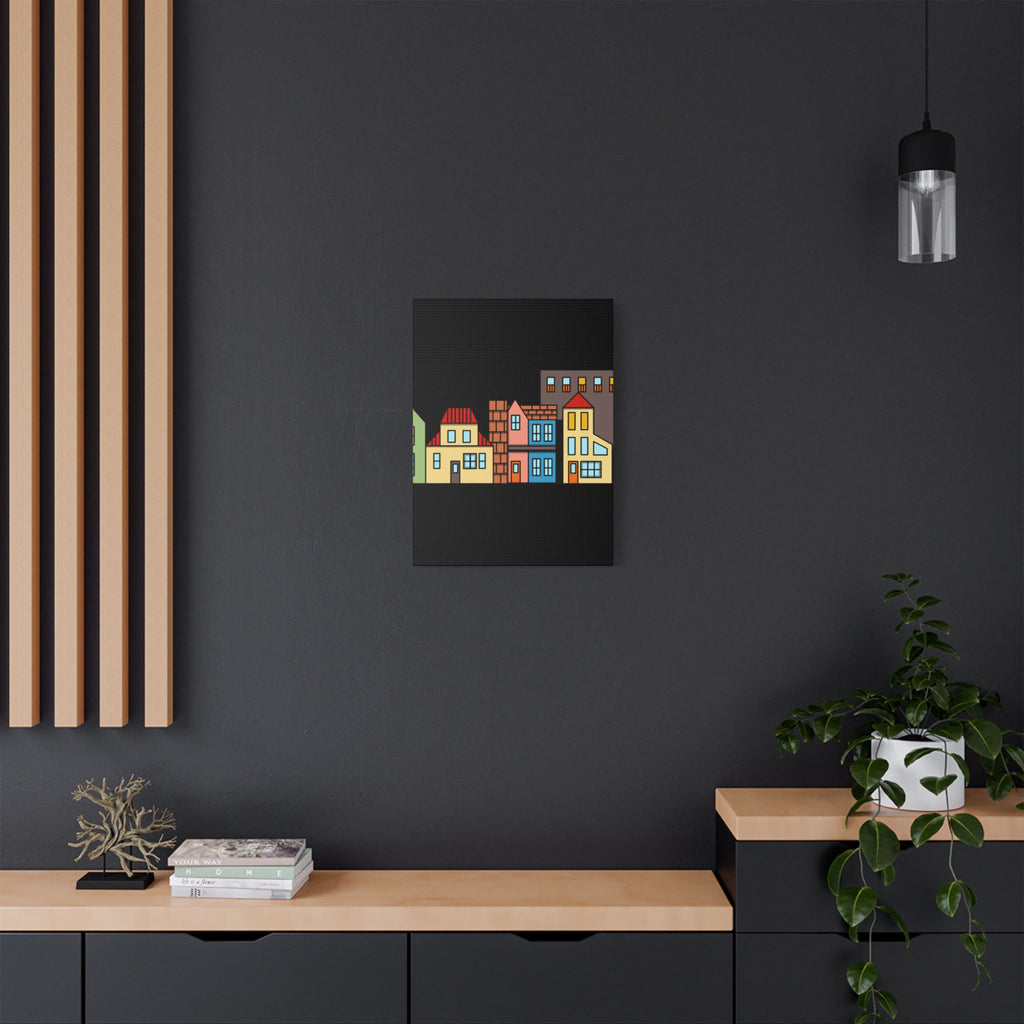 Colorful Row Houses Satin Canvas Wall Art — Stretched Cityscape Print