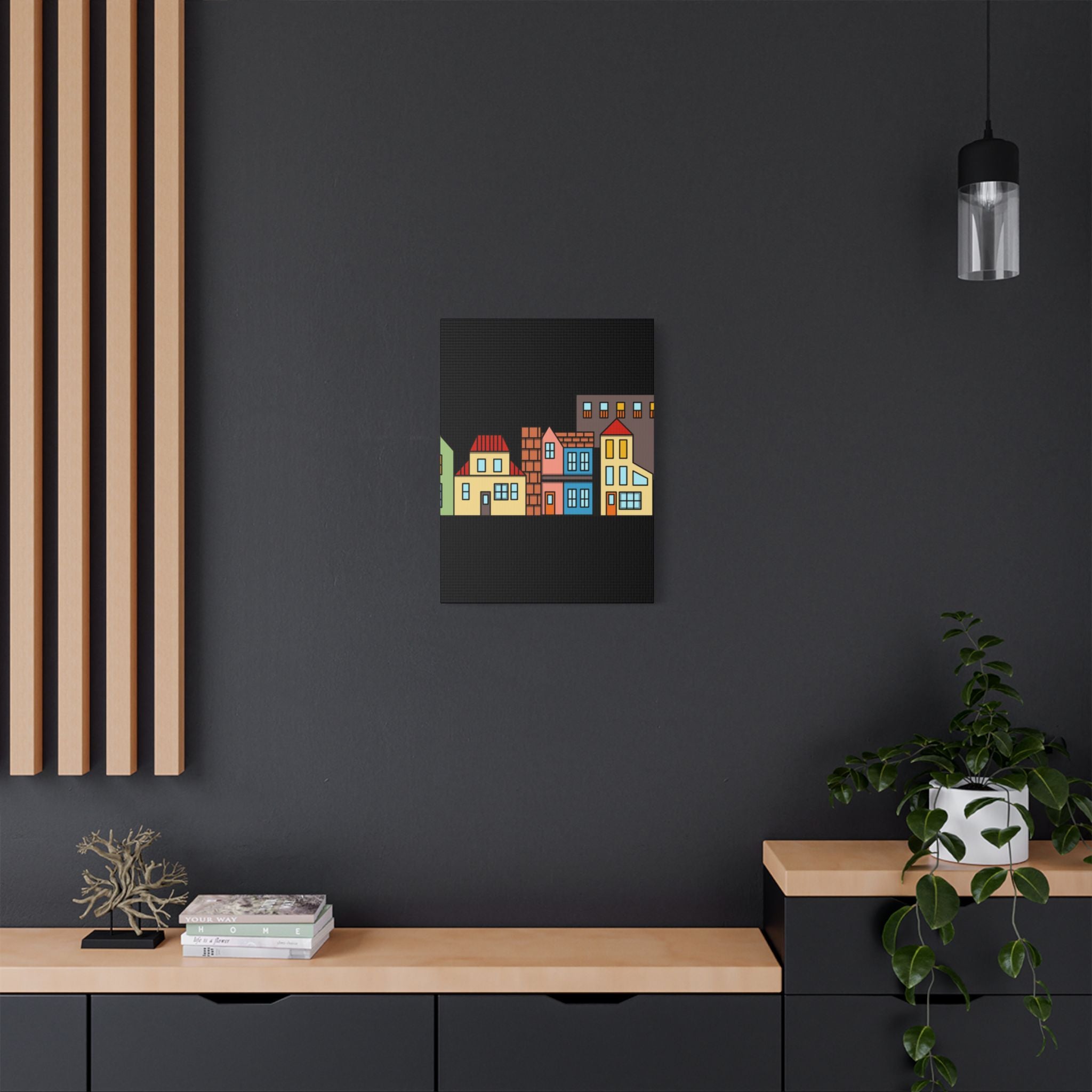 Colorful Row Houses Satin Canvas Wall Art — Stretched Cityscape Print