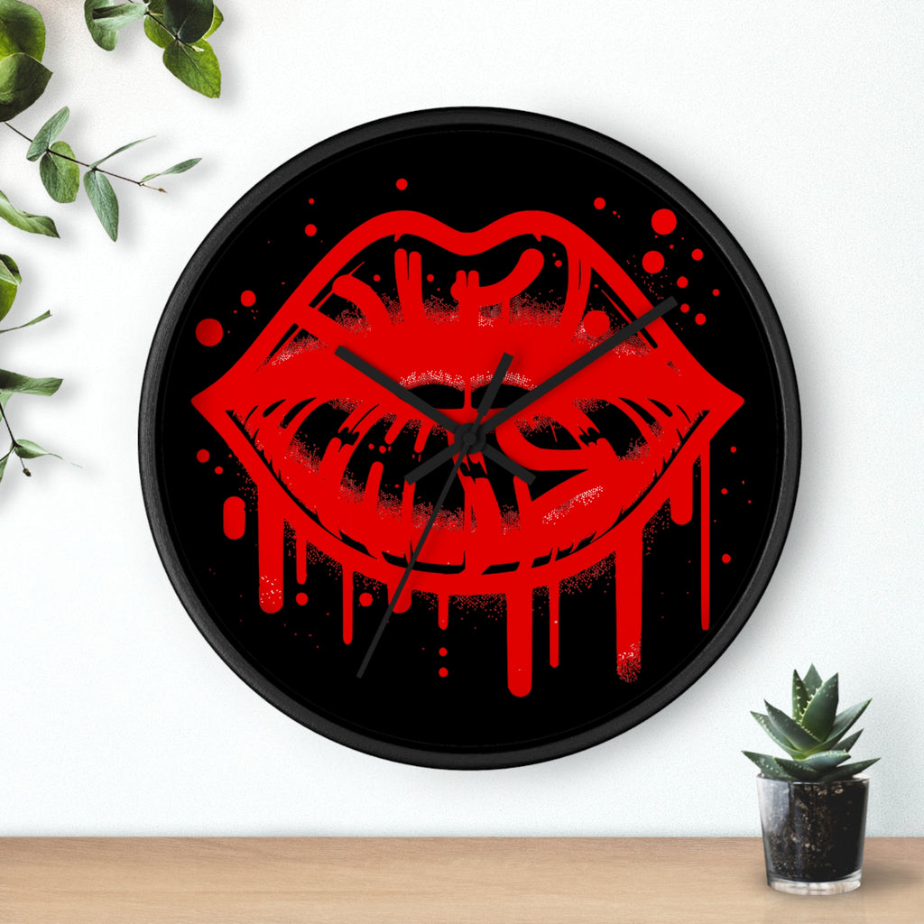 Red Graffiti Kiss Wall Clock on Black— Bold Drip Lip Art Clock