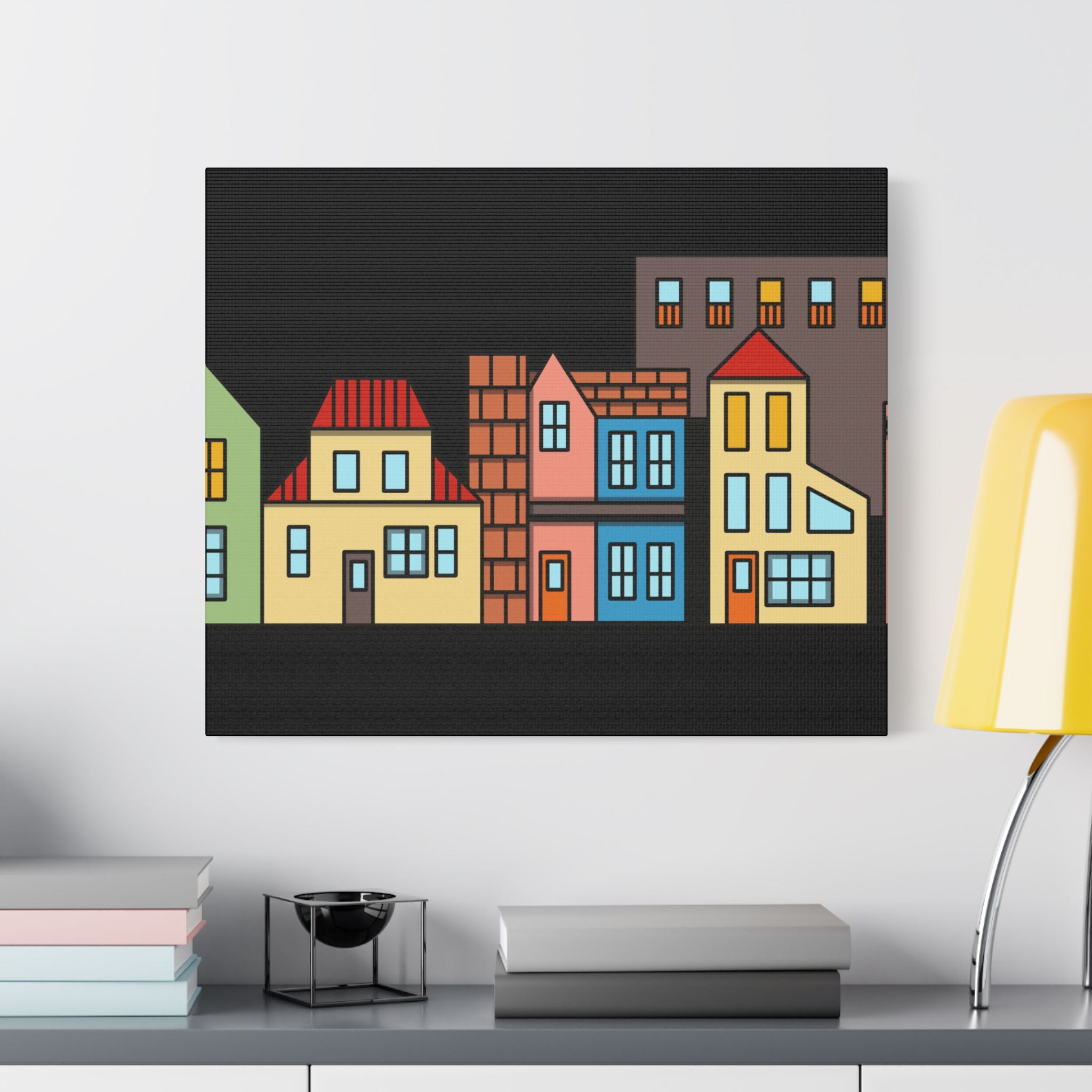 Colorful Row Houses Satin Canvas Wall Art — Stretched Cityscape Print
