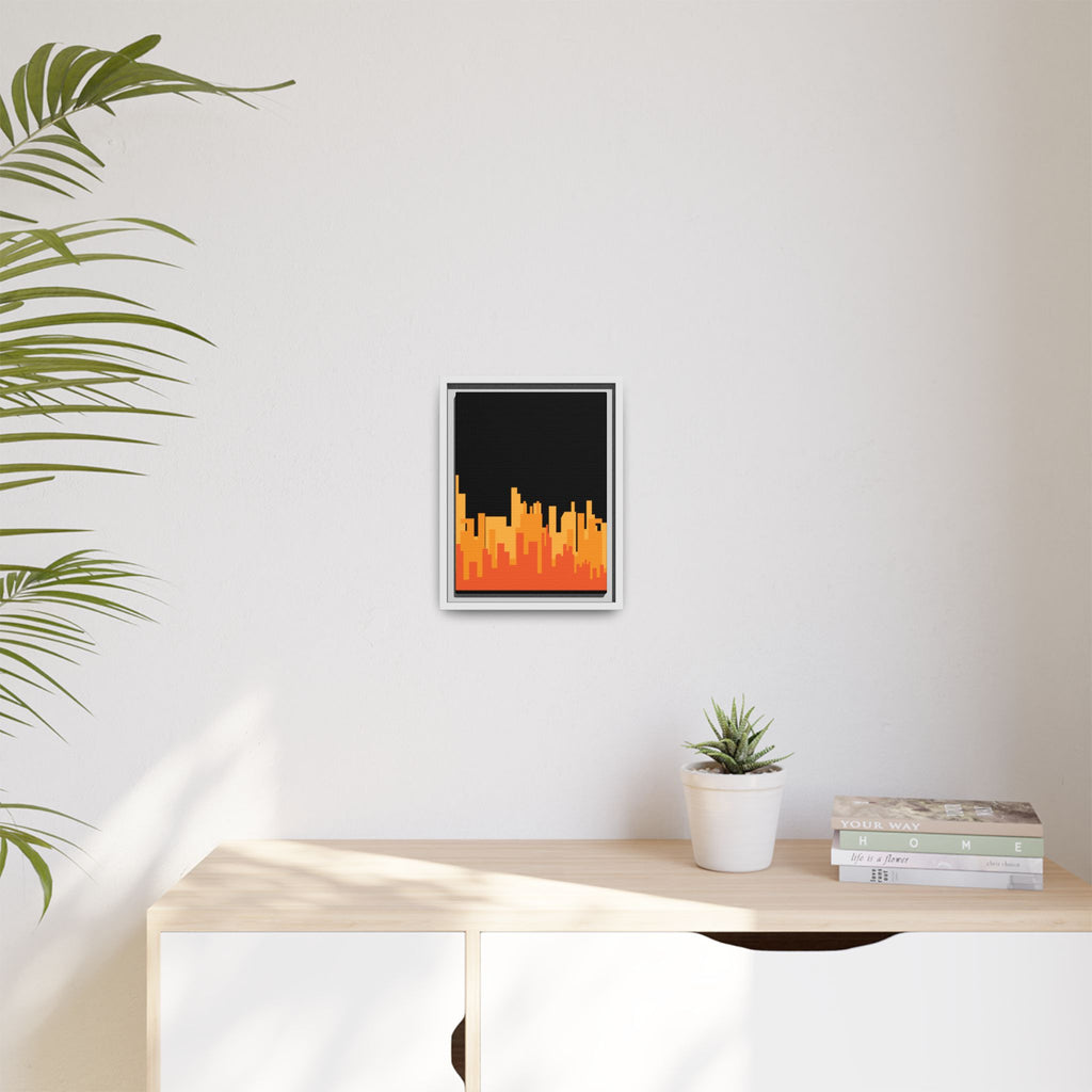 City Skyline Matte Canvas Print — Modern Pixelated Orange Urban Art (Framed)