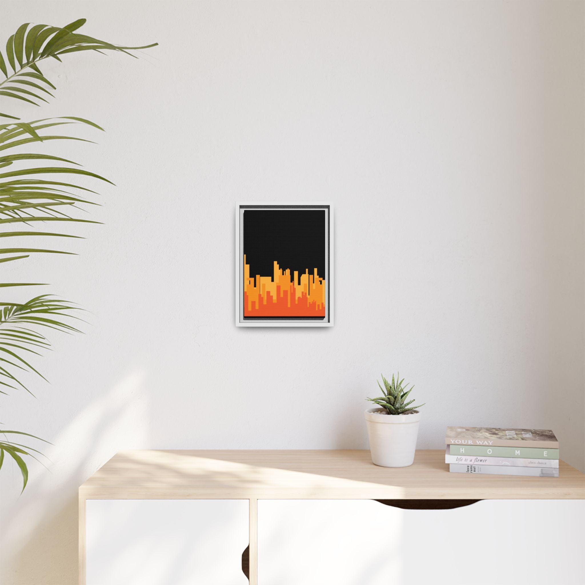 City Skyline Matte Canvas Print — Modern Pixelated Orange Urban Art (Framed)