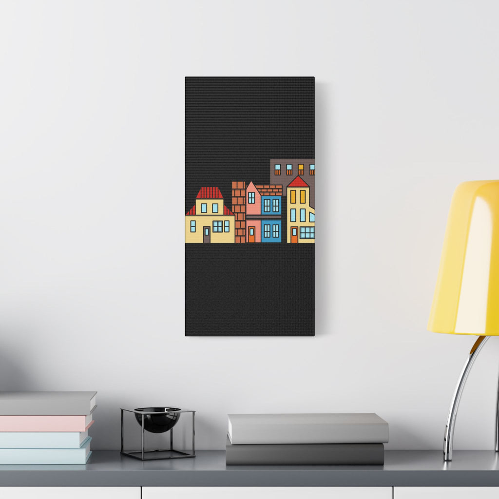 Colorful Row Houses Satin Canvas Wall Art — Stretched Cityscape Print
