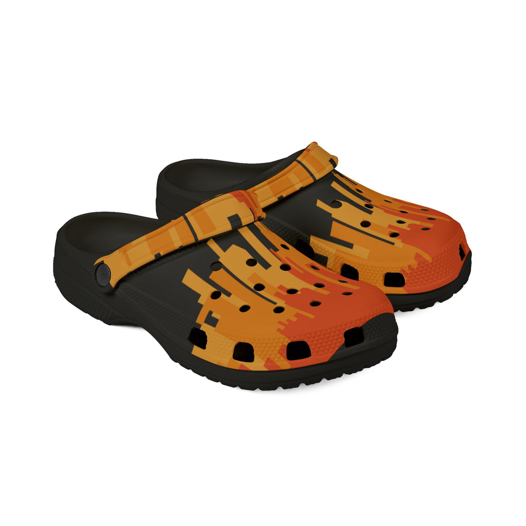 Vibrant Orange City Scape on Black Slide-On EVA Foam Shoes