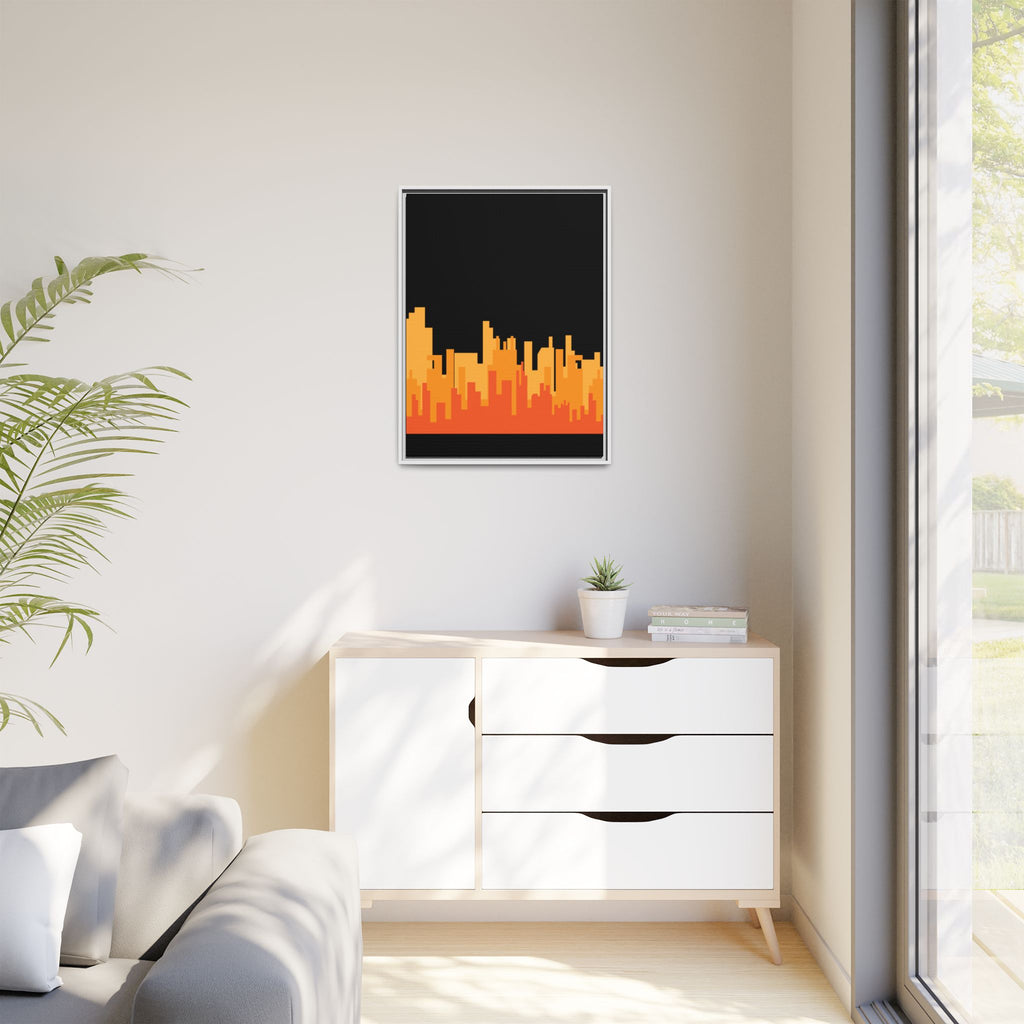 City Skyline Matte Canvas Print — Modern Pixelated Orange Urban Art (Framed)